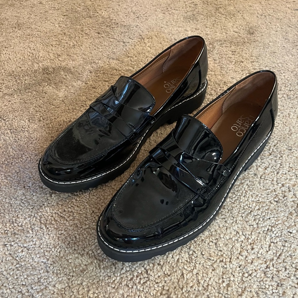 Franco Sarto Black Patent Leather Penny Loafers